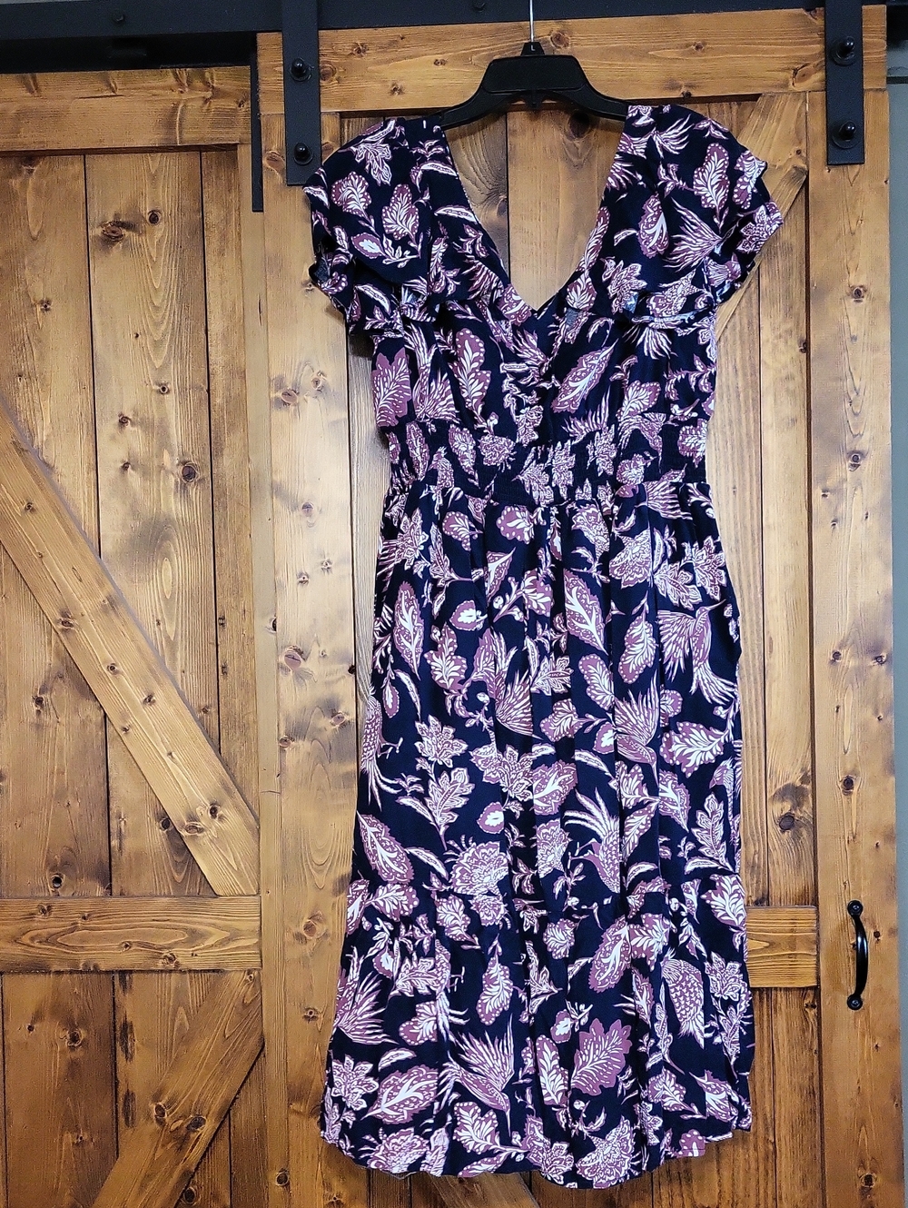 Women’s Navy Floral V-Neck Dress with Pink Accents Made By MAURICES,p To P Is 20